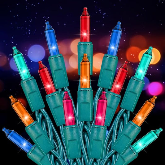 Brightown Multicolor Christmas String Lights, 200-Count 50ft Incandescent Bulb Mini Lights for Indoor Holiday Decor, Christmas Tree Garland Wedding Party Multi-Use Festival Decoration, Green Wire