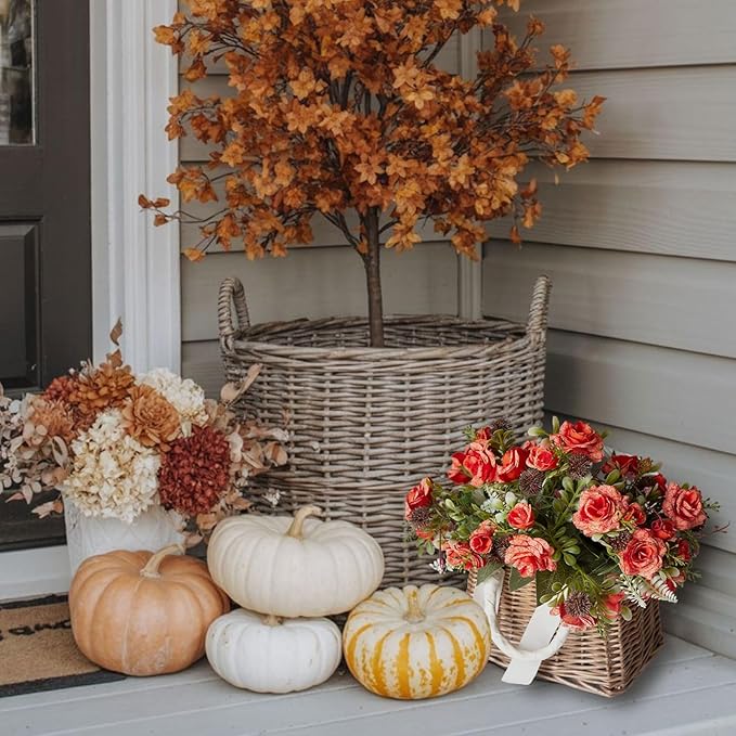 3 Bundles Fall Artificial Flowers Bouquet, Fake Roses Bouquet for Centerpiece Table Wedding Party Home Decor (Orange)