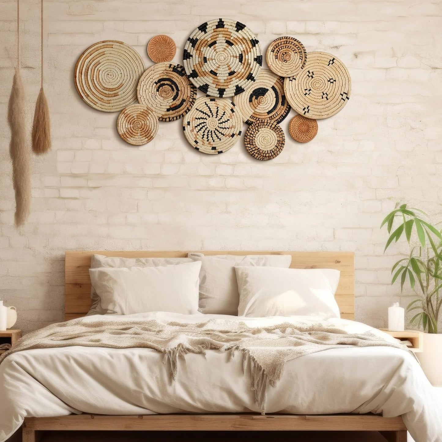 Tatuo 11 Pcs Boho Wall Basket Decor Decorative Bulrush Woven Basket Wall Decor Art Round Farmhouse Hanging Baskets for Kitchen Rustic Home Summer Decorations, Multi Sizes(Artistic)