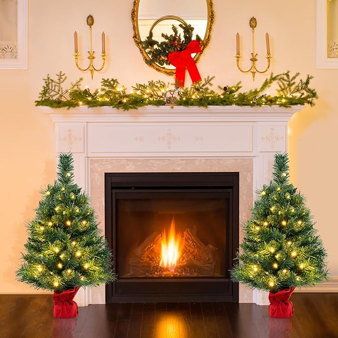 HAPPYGRILL 2FT Small Prelit Christmas Tree, Mini Tabletop Battery Operated Artificial Xmas Tree w/35 LED Lights, 71 Tips & Solid Cement Base, Christmas Spruce Fir Decoration for Fireplace Home Office
