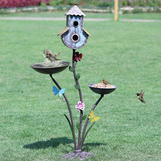 38" H Birdbaths for Outdoors,Metal Bird Feeder and Bird Houses for Outside,3-in-1,Garden Yard Decor