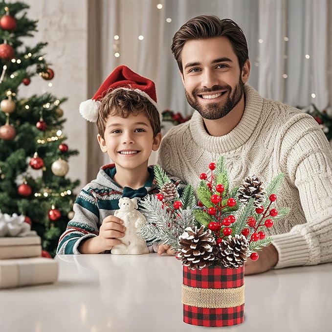 Small Tabletop Christmas Tree, Artificial Mini Christmas Tree Decorations with Pine Cones Red Berries and Green Plants, Suitable for Christmas Decorations Indoor Tables in Households