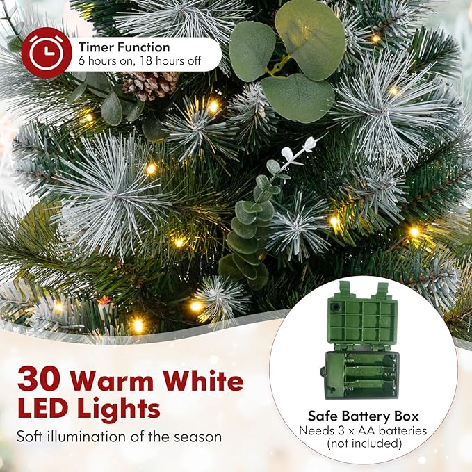 HAPPYGRILL 3 FT Tabletop Artificial Christmas Tree with 98 Branch Tips, Pine Needles, Pine Cones, White Berries, Green Xmas Tree with 30 Warm White LED Lights, Auto Timer & Cement-Filled Base