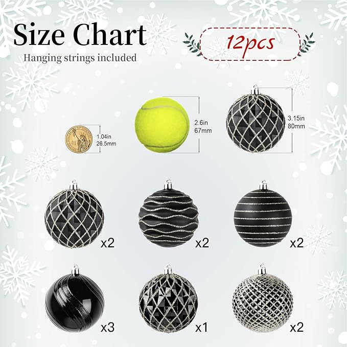 SHareconn 80mm Christmas Balls Ornaments,12PCS Colored Shatterproof Plastic Decorative Hanging Tree Decorations Baubles Set for Xmas Tree Decor Holiday Party Wedding Decoration with Lanyard,Black&Gold