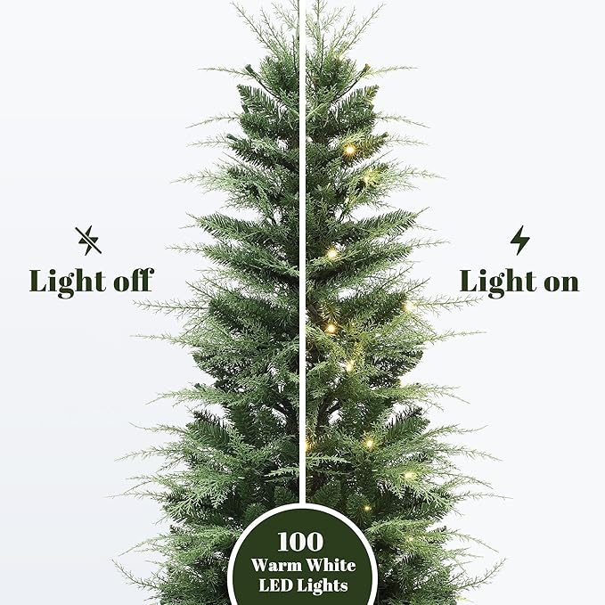 LuxenHome 5FT Small Christmas Tree, Potted Slim Christmas Tree with 100 Warm White LED Lights, Realistic Cedar Prelit Artificial Christmas Trees with Black Planter Pot for Outdoor Porch, Entryway