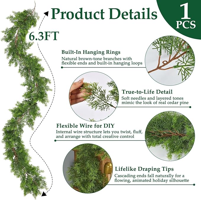 6.3FT Christmas Cedar Garland Artificial Cypress Greenery Soft Faux Pine Realistic Green Garland for Mantle Fireplace Table Wall Indoor Christmas Decorations