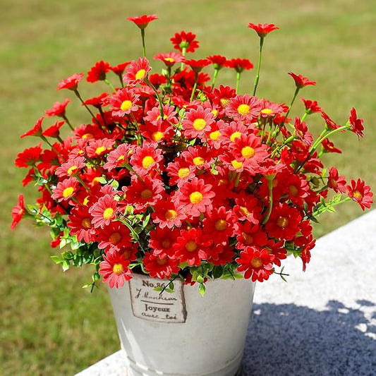 Burgundy Fake Flowers Outdoor 8 Bundles Red Artificial Daisy Plants Outside for Yard Front Porch Planter Decor (8 Bundles Red)