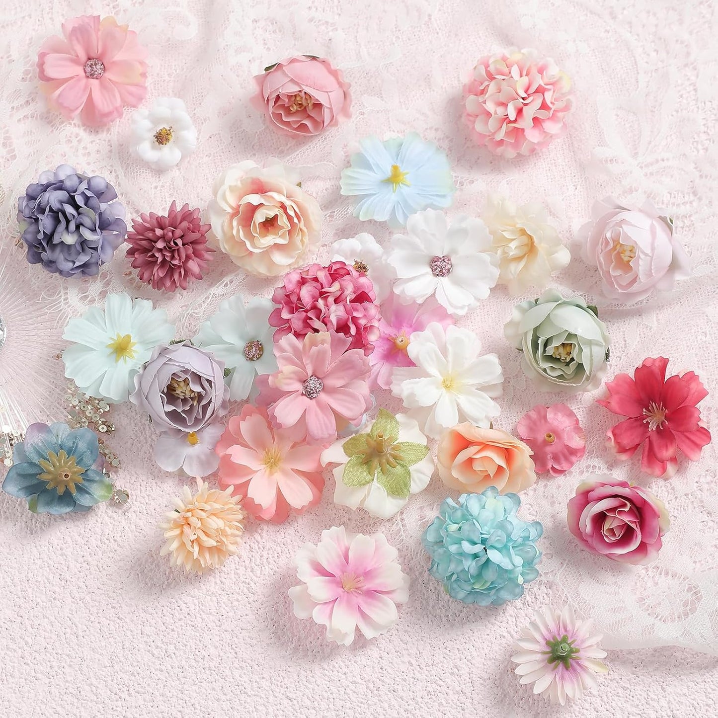Faux Flower Heads Mini Charming Color Artificial Flower Heads Fake Peony Daisy Rose Flowers Multicolor Small Silk Daisy Flower Heads for Craft Garland Wedding Party DIY Home Decoration