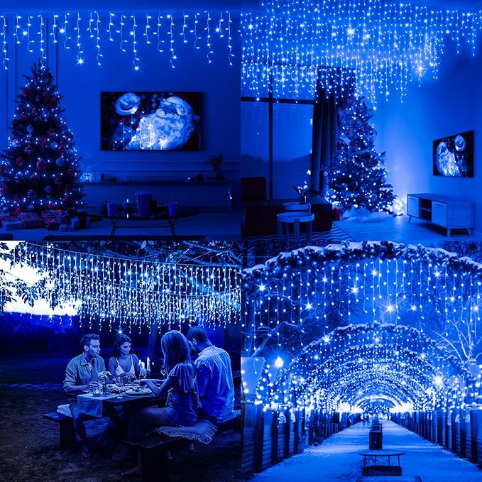 JXLEDAYY Christmas Lights Super Long 1280 LED 131 FT LED String Lights with 240 Drops Plug in 8 Modes Christmas Decoration for Holiday Wedding Party Bedroom Garden Patio Outdoor Indoor (Blue)