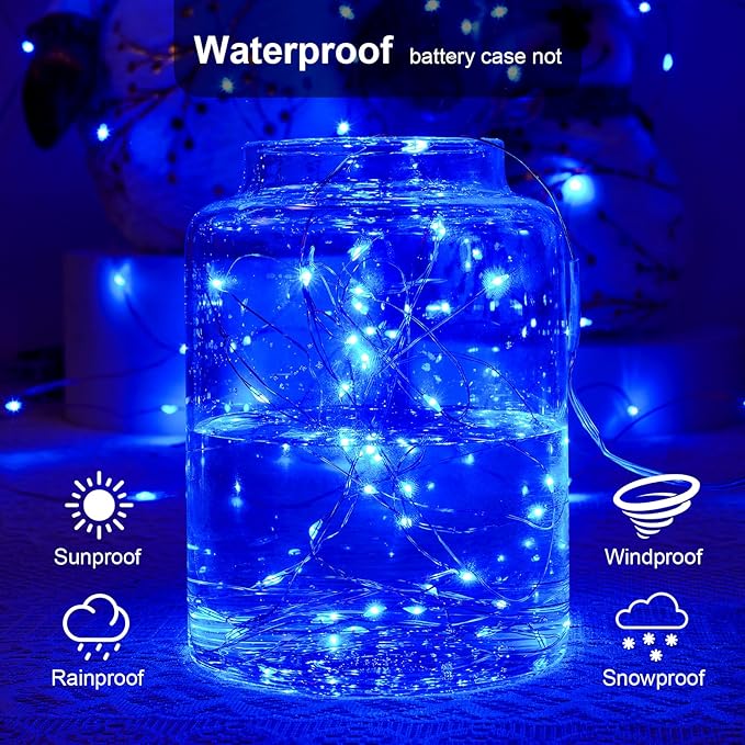 2 Pack 16.4ft Battery Operated String Lights with Timer, Blue with Synchronized Twinkle Mode, Fairy Lights Battery Powered, 50 LEDs, Idea for Christmas Bedroom Party Wedding