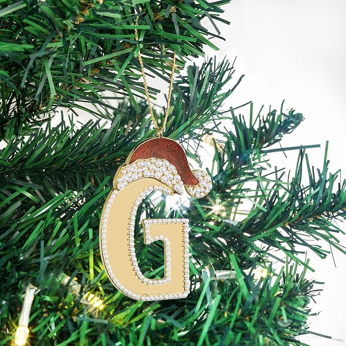 2025 Christmas Ornaments, Letter G Ornaments for Xmas Tree, Hanging Christmas Red Hat Ornament for Mother Best Friends Sister Wife|G-Letter Ornament