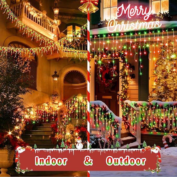 131 FT 1280 LED Christmas Lights Outdoor Decorations Super Long Clear Wire String Lights Plug in 240 Drops 8 Modes Memory Timer Curtain Fairy Lights Waterproof for Holiday Wedding Party-Red and Green