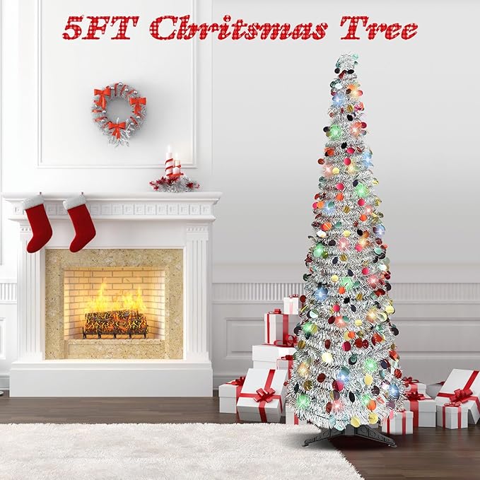 5 FT Pencil Christmas Tree, Collapsible Artificial Sequin Pop Up Christmas Tree, Skinny Pencil Tinsel Christmas Trees, Xmas Tree for Home Apartment Basement Fireplace (Silver Coloured)