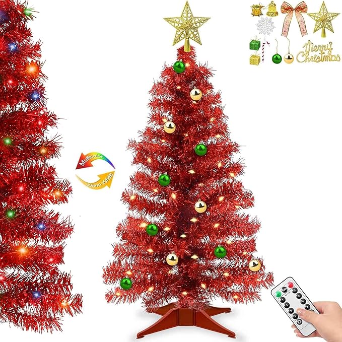 Valentines Day Decorations 3 FT Artificial Valentines Christmas Tree,Tabletop Small Christmas Tree with 50 Warm White & Multicolor Changing Lights Timer 8 Modes DIY Ball Ornaments Holiday Decoration