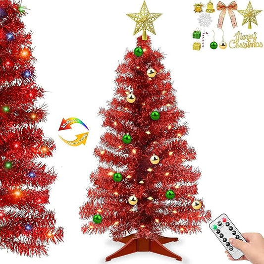 Valentines Day Decorations 3 FT Artificial Valentines Christmas Tree,Tabletop Small Christmas Tree with 50 Warm White & Multicolor Changing Lights Timer 8 Modes DIY Ball Ornaments Holiday Decoration