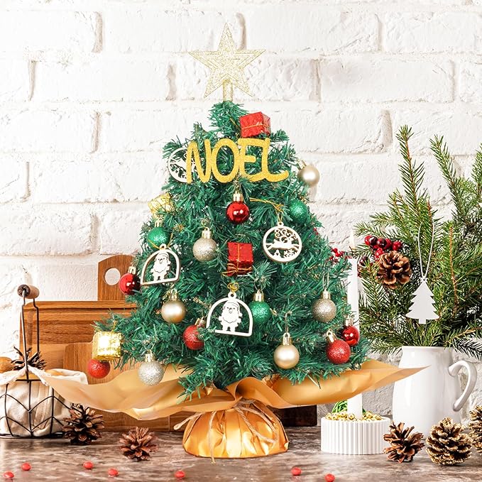 Wangchao Craft 20" Tabletop Mini Christmas Tree Set with LED Light, Star Treetop, Ornaments Balls, Table Top Small Christmas Tree, Best DIY Christmas Decorations Green