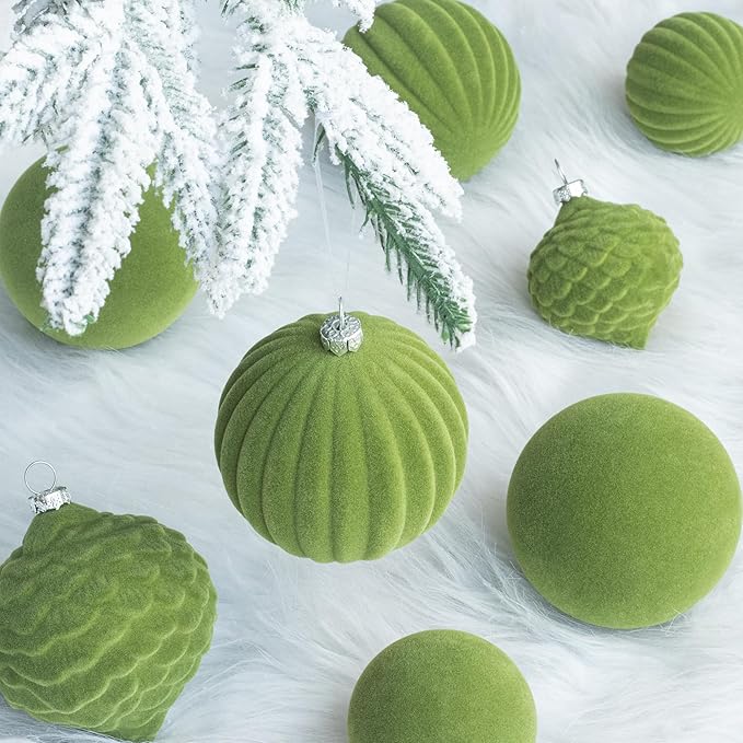 KI Store Moss Green Velvet Christmas Balls 25pcs Flocked Christmas Tree Ornaments for Xmas Holiday Hanging Decor