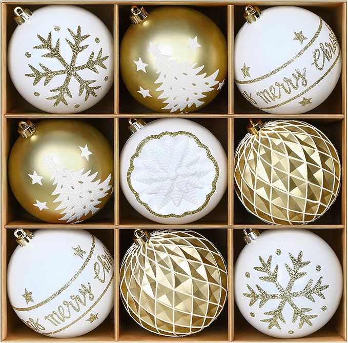 SHareconn 100MM/4 Inch 9PCS Large Christmas Balls Ornaments, Shatterproof Plastic Hanging Big Baubles Set for Xmas Tree Decoration Holiday Party Wedding Decorations with Hook,Gold and White
