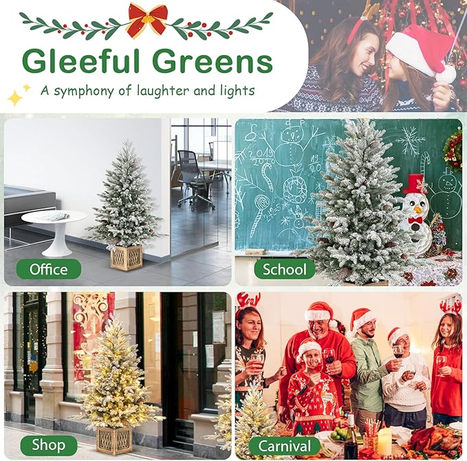 HAPPYGRILL 4 FT Pre-Lit Artificial Christmas Tree Flocked Xmas Tree with 231 PE PVC Branch Tips, 15 Natural Pine Cones, 100 Warm White LED Lights & Vintage Base, Decoration Tree for Party & Carnival