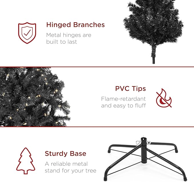 Best Choice Products Artificial Christmas Tree, 7.5ft Premium Pre-Lit Realistic Spruce Holiday Décor w/Dense Branches, Metal Base - Black Spruce