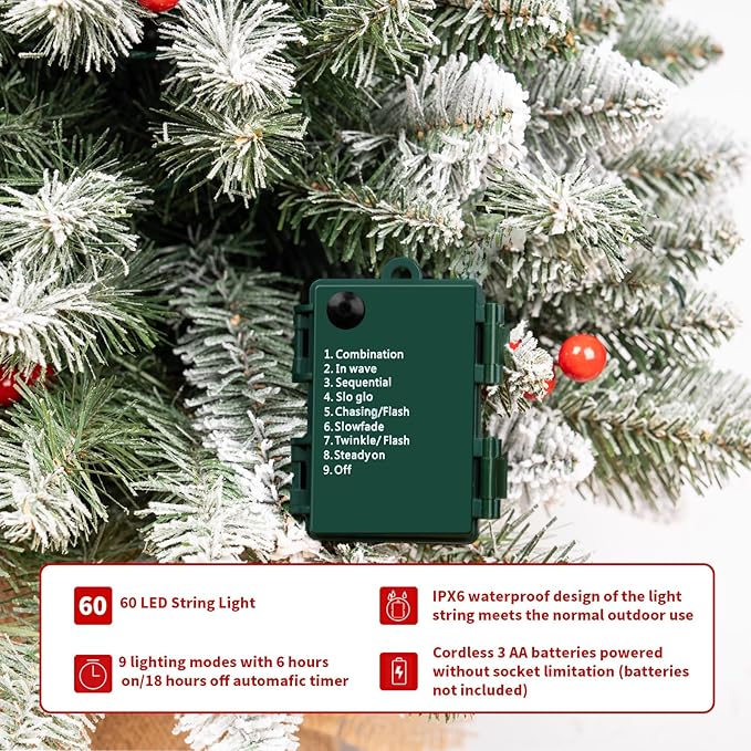 3Ft Pre-lit Tabletop Christmas Tree, Snowy Flocked Christmas Trees, Outdoor Christmas Tree, with 9 Modes LED Lights, Pine Cones & Berries, Battery Operated, for Home Office Desk Decor