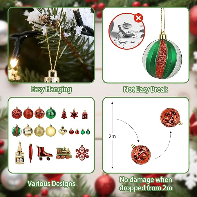 90pcs Christmas Balls Ornaments Set,Shatterproof Plastic Ball Set with Hanging Strings,Hanging Ball Ornaments for Xmas Party Christmas Tree Decorations,Early Ideas