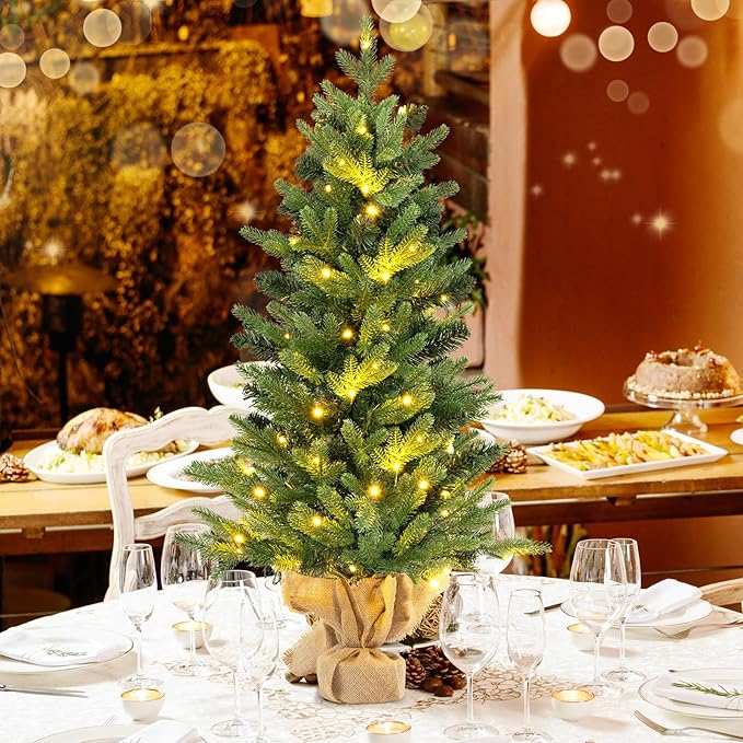 HAPPYGRILL 3FT Small Pre-Lit Christmas Tree, Mini Tabletop Xmas Tree with 363 Branch Tips, 50 LED Lights, Burlap Cement Base, Timer, Artificial Spruce Christmas Tree for Home Office Decor