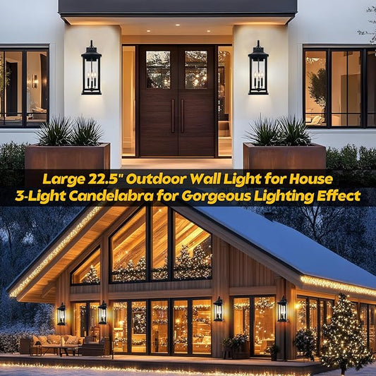 2-Pack 23" Extra Large Outdoor Wall Lights Candelabra 3-Light, IP65 Waterproof Exterior Lights with Clear Glass Front Porch Lanterns Outdoor Wall Sconce Lighting Outside Coach Lights, E12