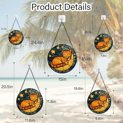 Stained Glass Window Hanging - Orange Cat Sun Catcher for Door Home Decor Stars and Moon Suncatcher Christmas Mother's Day Birthday Loss of a Pet Gifts for Women Men Mom Nana 6.3 in