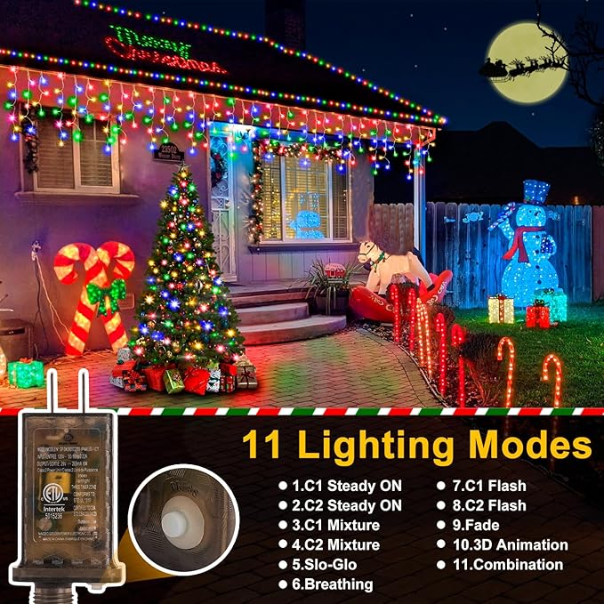 Color Changing Ice Lights, 164FT 1600 LED Outside with 320 Drops, 11 Modes Timer Waterproof Warm White to Multicolor String Lights for Christmas Eaves Party Decorations