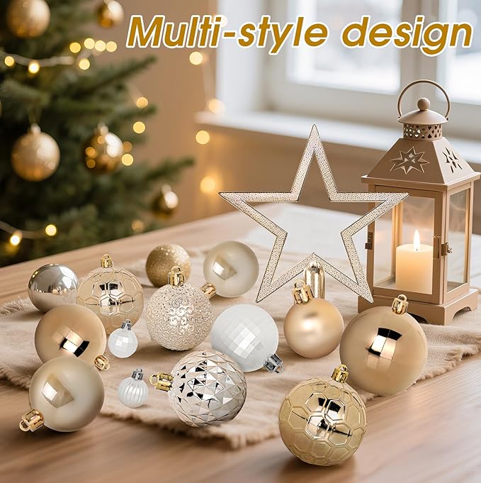 TranquilBliss 50 Pcs Christmas Ornaments Set with Strings, Christmas Ball Ornaments Set with Hanging Strings, Shatterproof Christmas Decorations Ornaments for Xmas Tree (Deep Champagne)