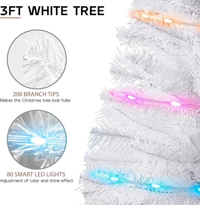 White 3ft Christmas Tree with Lights, Small 36inch Artificial Tree Mini Table Top Decorations, Xmas Desk Tree with 80 Colored Lights, 200 Branch, Holiday Decor for Home,Indoor Office Tabletop