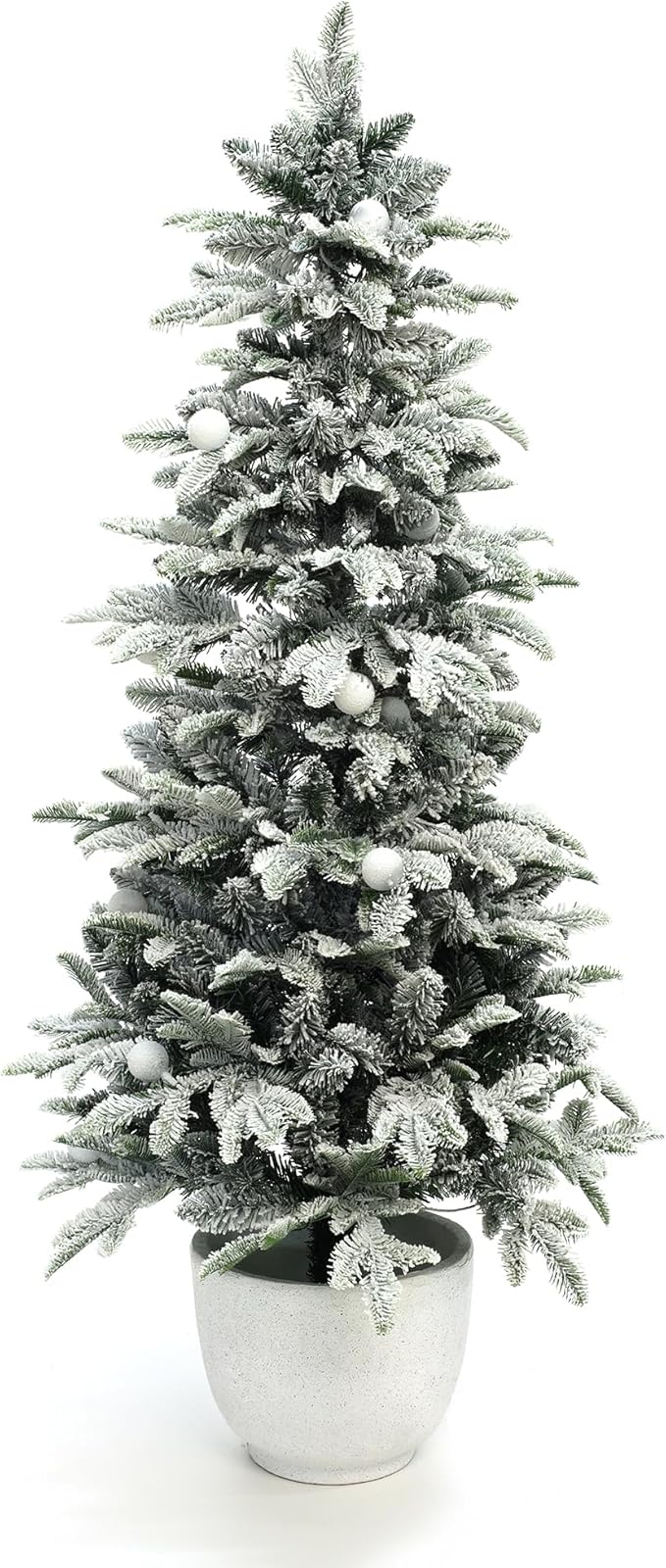 LuxenHome 5FT Small Potted Christmas Tree, Flocked Christmas Tree with 100 LED Globe Lights, Prelit Artificial Xmas Trees with White Round Pot, Lighted Pine Tree for Indoor, Outdoor Holiday Display