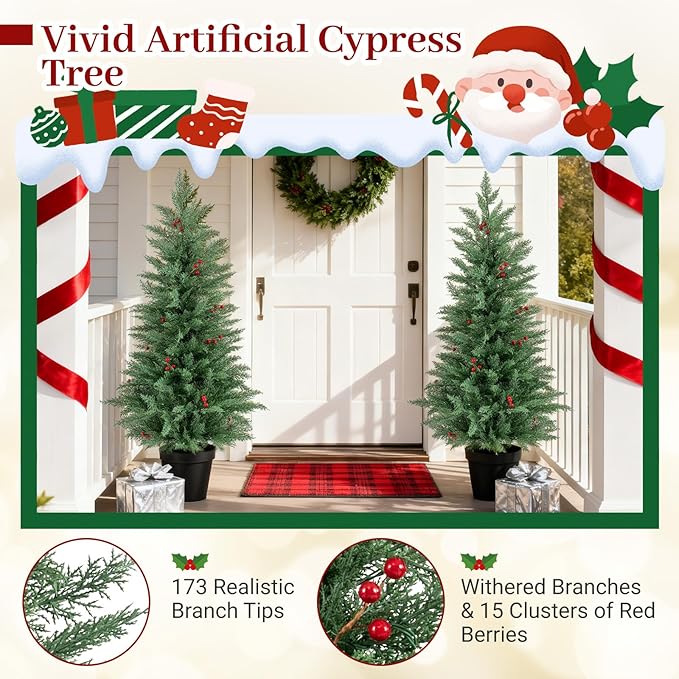 Happygrill 2 Pack 4 FT Pre-lit Cypress Christmas Trees, Potted Entrance Xmas Trees w/70 Warm White LED Lights, Timer, Red Berries, Battery-Operated Artificial Cypress Tree for Front Porch & Holiday