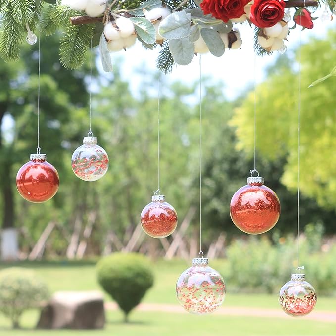 Sea Team Multi-Size Shatterproof Clear Plastic Christmas Tree Ball Ornaments Set, Decorative Hanging Transparent Xmas Baubles with Stuffed Delicate Decorations (25 Counts, Red)