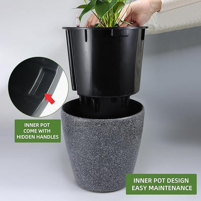 Dexceder 13x12 Self Watering Planter with Wheels Indoor Outdoor, Inner Pot Design, Thickened Large Floor Standing Flower Plant Pot with Water Level Indicator (Stone Matte)