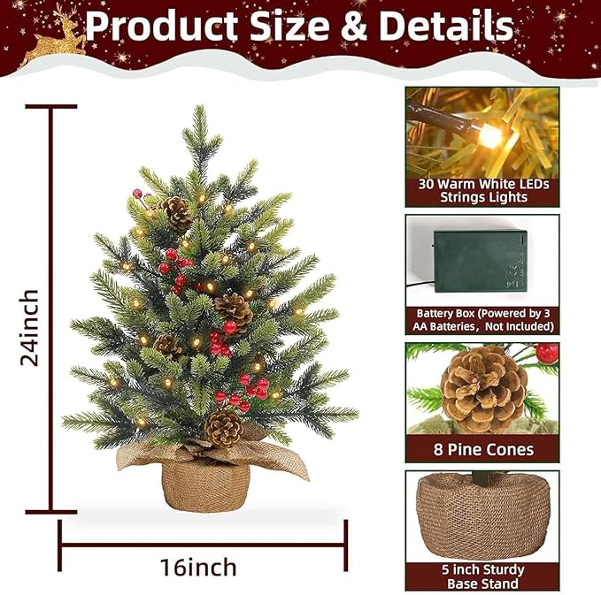 24"/2FT Tabletop Christmas Tree, Realistic-Feel Thick Artificial Mini Christmas Trees Small Christmas Tree with Lights Timer 56 Norfolk Pine Tip Pinecone Berry Burlap Base Christmas Decorations Indoor