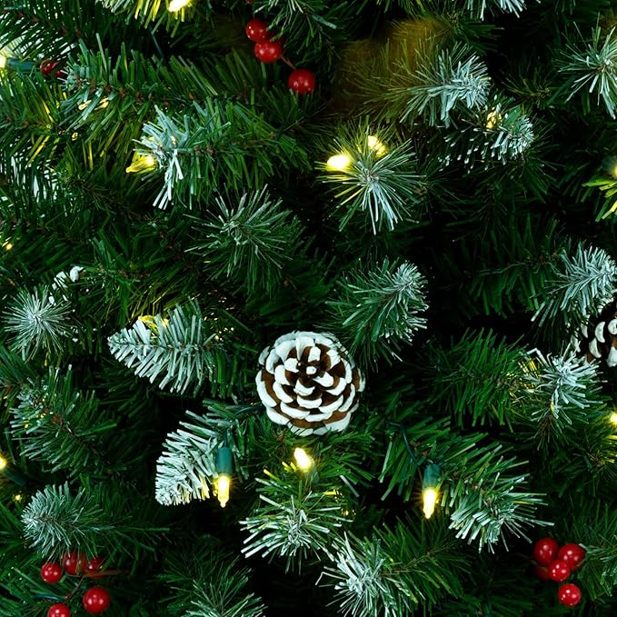 YULETIME 6.5ft Pre-Lit Christmas Tree, Snowy Artificial Holiday Decorative Tree with UL Listed 300 Warm White LED Christmas Lights, Pinecones, Red Berries (6.5' Snowy Warm White)