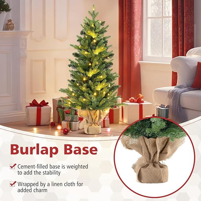 GOFLAME 3FT Pre-Lit Artificial Mini Christmas Tree, Small Tabletop Xmas Fir Tree with 363 Branch Tips, 50 Warm White LED Lights, Timer, Holiday Decoration Tree with Burlap Base