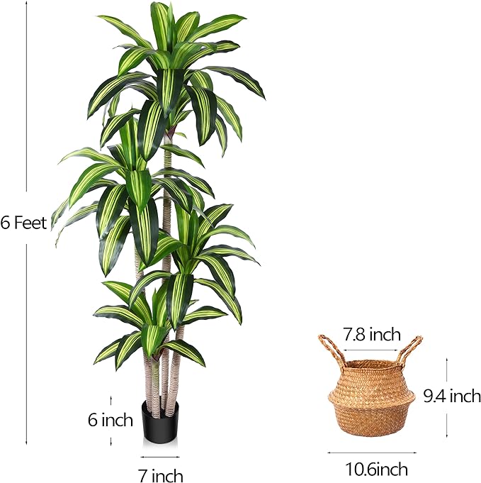 Artificial Plants, 6 Ft Dracaena Tree Faux Plants Indoor Outdoor Decor Fake Tree with Woven Seagrass Basket Plants for Home Decor Office Living Room Porch Patio Housewarming