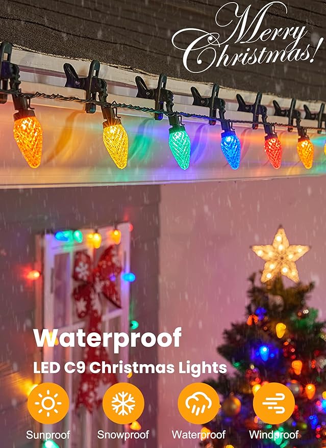 C9 LED Christmas Lights Outdoor, 68Ft 100 LED String Lights with Quick Clips, Commercial Grade Extendable Waterproof Outdoor Christmas Lights for House Outside Roofline Xmas Decorations, Multicolor