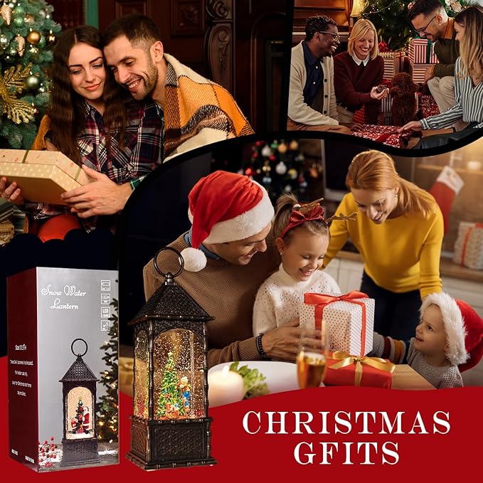 Christmas Snow Globes,Swirling Music Box Christmass Trees with 8 Songs & 6H Timer,Battery Operated & USB Powered Christmas Lanterns for Indoor Holiday Table Party Gifts (Children Climbing Trees)