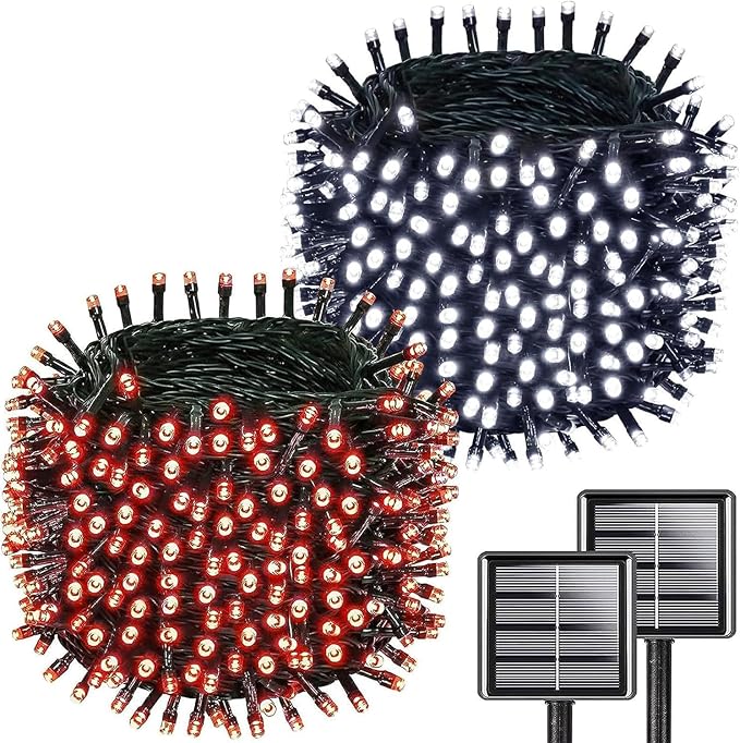 Solar Christmas String Lights Outdoor Waterproof 2PK 500LED 180FT Twinkle Lights, IP65 Waterproof Solar Powered LED Fairy Light with 8 Modes for Christmas Tree Wedding Garden Decoration, Red & White