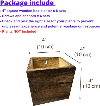 LaLaGreen Wood Planter Boxes for Indoor Plants (4x4 Inch, 6 Pack) Small Square Wall Mounted Planters Flower Pot, Herb Wooden Box Hanging Plant Holder Outdoor Balcony Vertical Garden Modern Home Decor