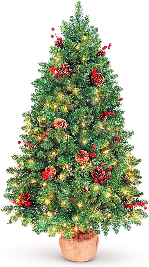 4FT Christmas Tree Prelit, Small Artificial Christmas Tree with Cloth Bag Base, Tabletop Christmas Tree Decorated with Berries and Pine Cones