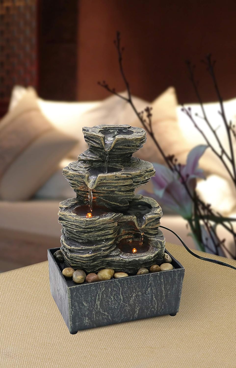 Nature's Mark Cascading Rock Tabletop Water Fountain with Natural River Rocks and LED Lights 9" Height (Power Cord Attached)