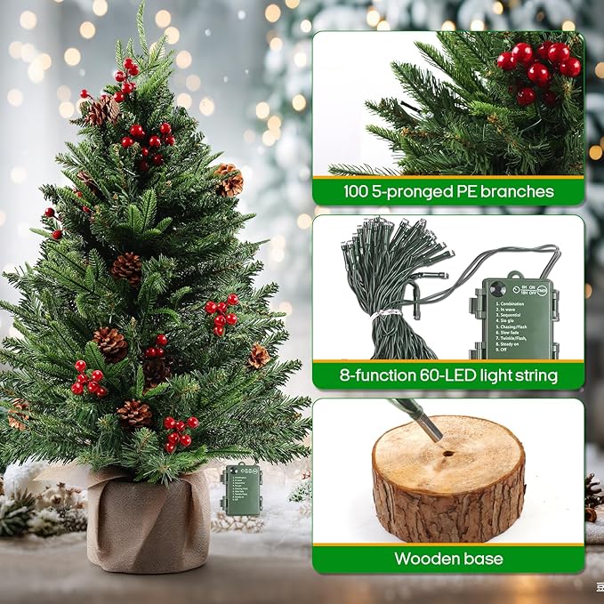 24 Inch Mini Christmas Tree, Table Top Artificial Xmas Pine Trees with 100 5-Pronged PE Branches, DIY Artificial Christmas Tree with 60 LED String Lights, Pine Cones and Red Berries Decoration