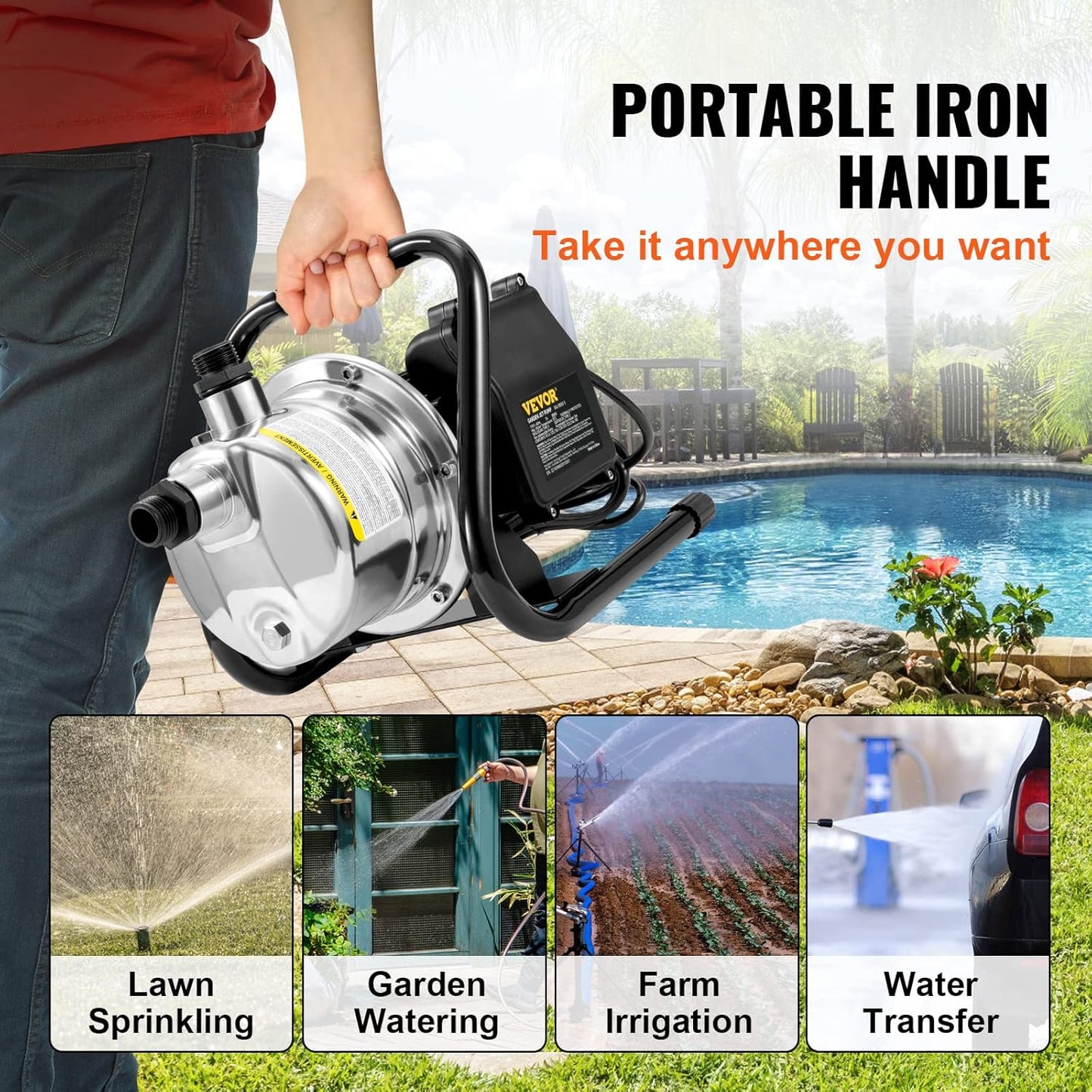 VEVOR 1.5 HP Portable Shallow Well Pump, 1200 GPH Garden Jet Pump, 115V, 164 ft Height, Stainless Steel Sprinkler Booster Pumps for Garden Lawn Irrigation system, Lake Fountain, Water Transfer