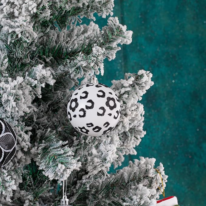 16CT Leopard Christmas Ornaments,Shatterproof Black and White Christmas Decorations, Lage Baubles Ornaments Hanging Decor for Xmas Tree Home Party Festivals (80MM/3.15'')