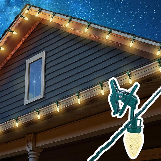C9 LED Christmas Lights Outdoor with 100 Spring Clips, 81FT 100 LED C9 String Lights Waterproof Connectable for Outside Roofline Patio House Yard Windows Garden Christmas Decorations, Warm White